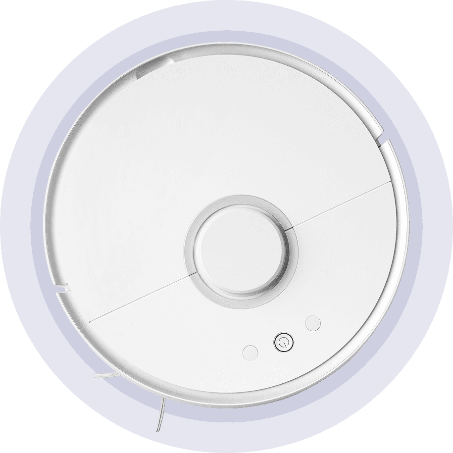 Group 2 White robotic vacuum cleaner on black background.